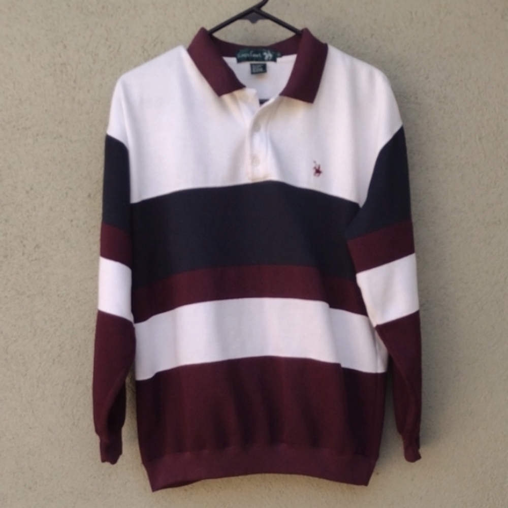 Vintage King's Court Striped Polo Sweatshirt in White Navy Maroon Men's Medium